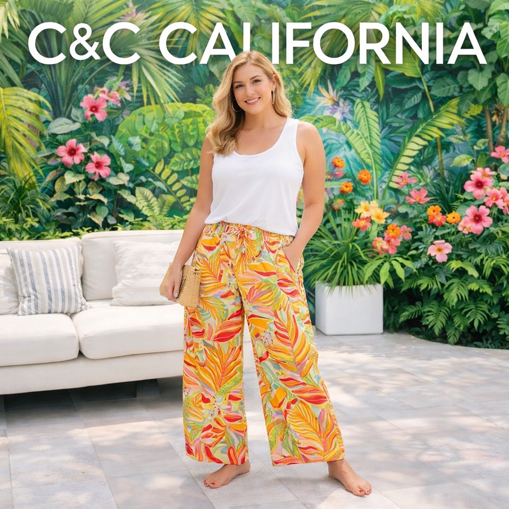 C&C California,Tropical Wide-Leg Linen Blend Pants Resort,Drawstring,EUC,SIZE XL